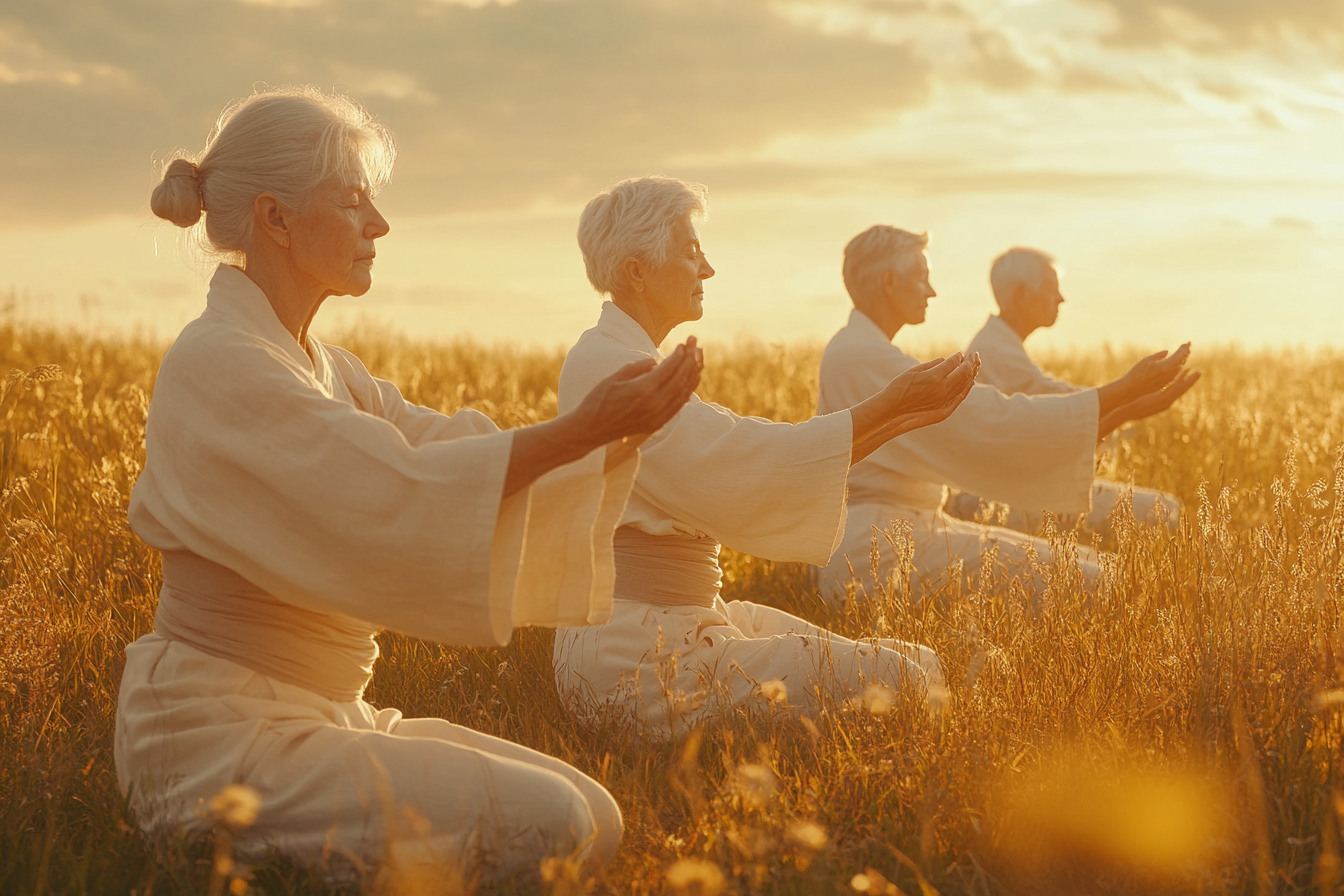 Група людей старшого віку практикує йогу