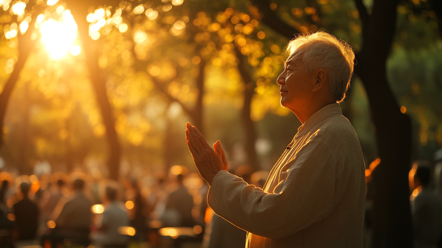 Група людей старшого віку практикує йогу на природі